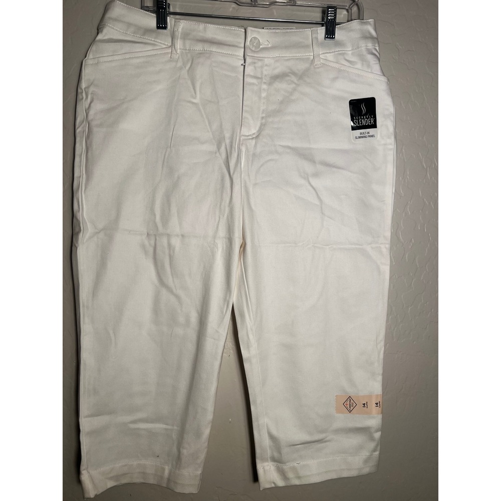 St Johns Bay Secretly Slender Capri Pants Womens 14 White Mid Rise Slimming New